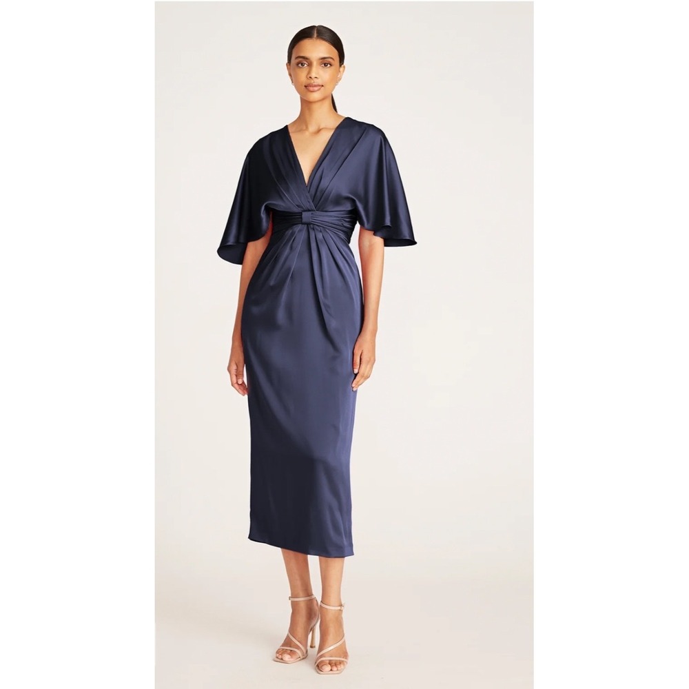 THEIA Navy Blue Satin Lucia Kimono Midi Dress Size 14 NWT Flutter Sleeves V Nek